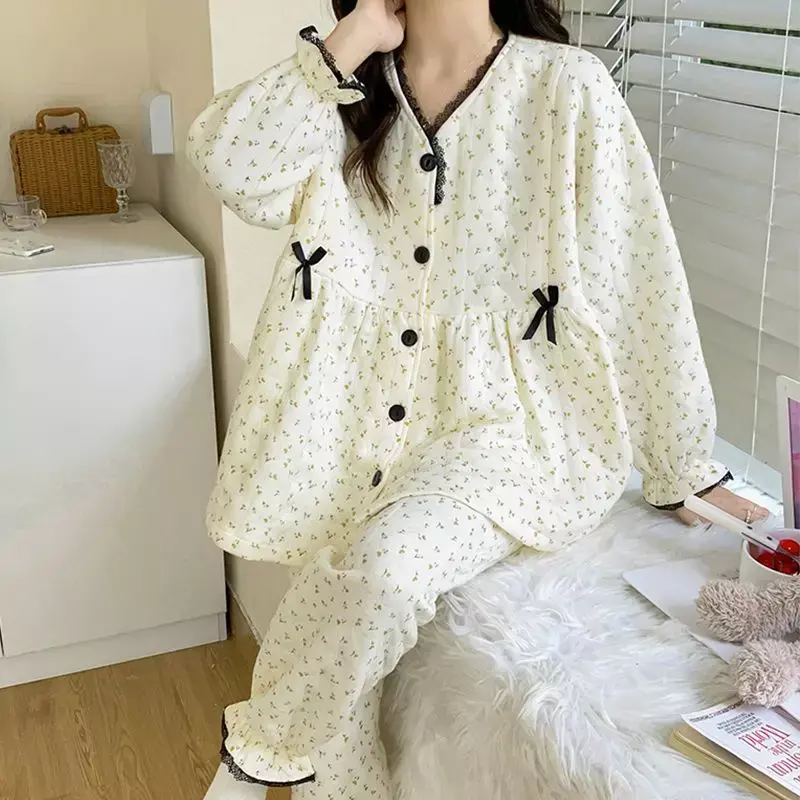 Set pakaian tidur katun untuk menyusui, Set piyama hangat tebal musim gugur musim dingin 2023, pakaian tidur ibu menyusui
