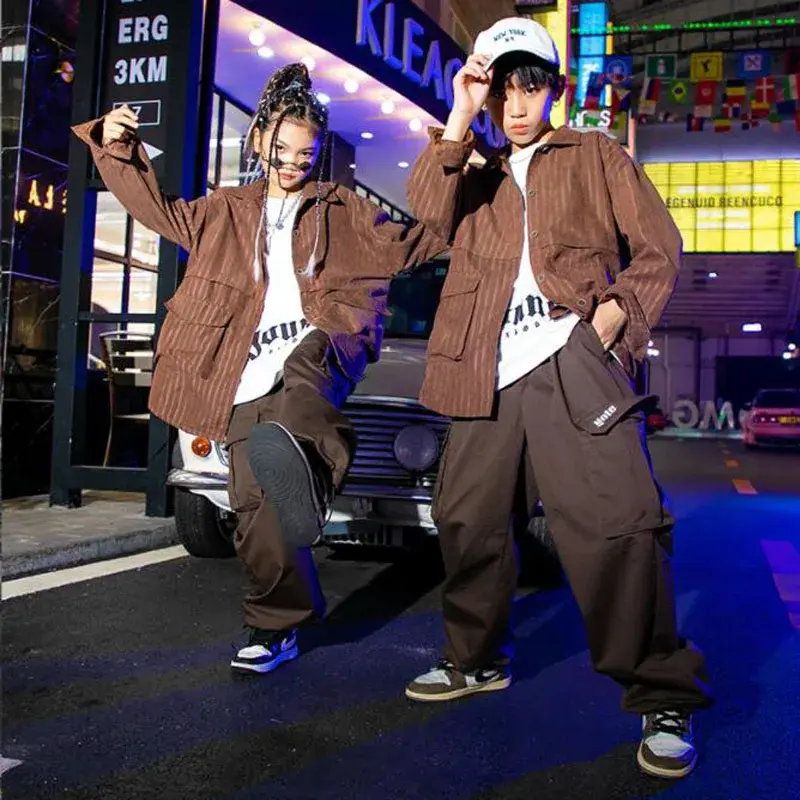 Bambini Teen Cool Streetwear Hip Hop abbigliamento Oversize giacca marrone top pantaloni da jogging pantaloni per ragazza ragazzo Jazz Dance Costume Kpop vestiti