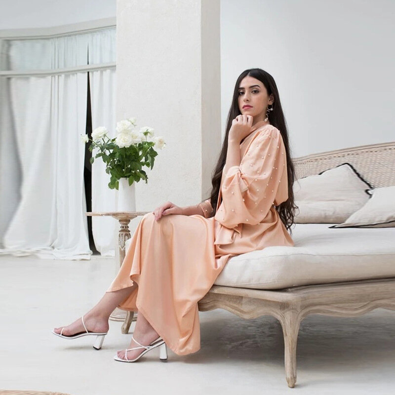 Gaun wanita Dubai Timur Tengah gaun lengan panjang mutiara Satin mewah gaun dasi kupu-kupu jubah pesta ramping pinggang tinggi 2023 baru musim gugur