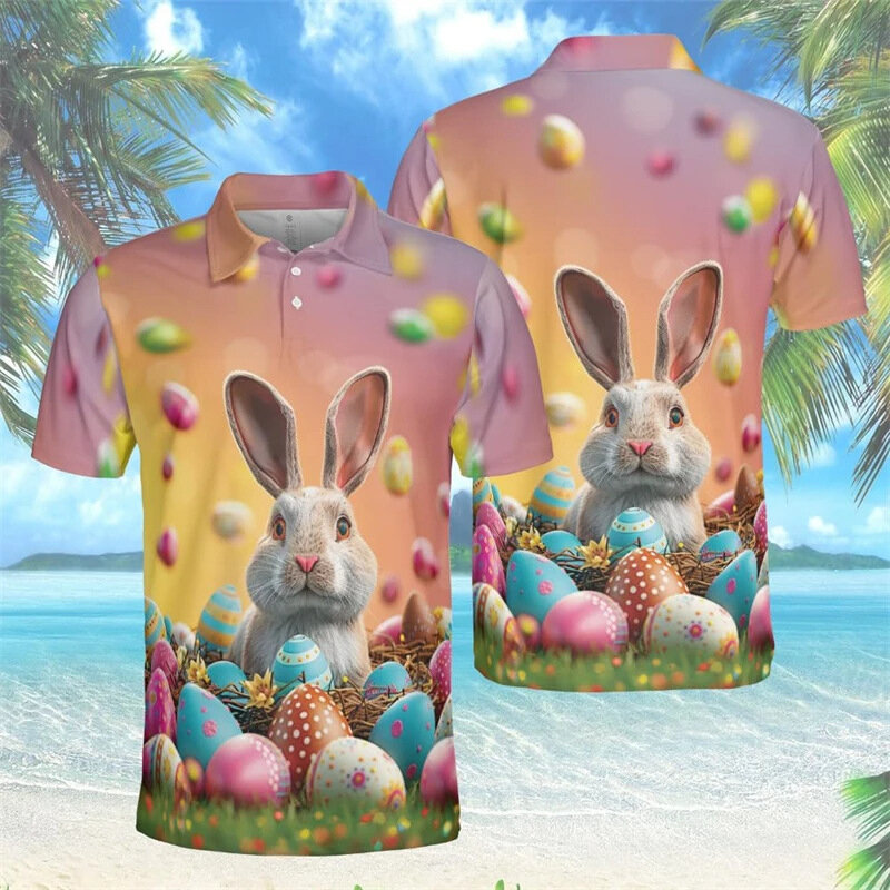 Летняя Пасхальная мужская рубашка-поло с 3d принтом кролика, свободная рубашка оверсайз, повседневные уличные Топы с коротким рукавом для мужчин, футболки для мужчин 2024