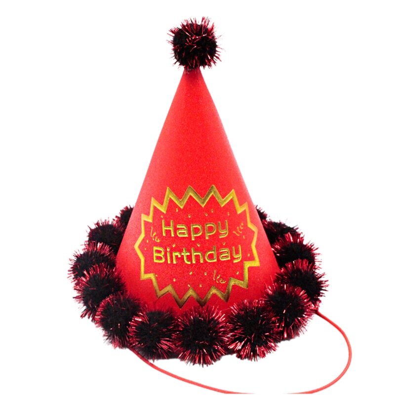 Pom Poms 탄성 코드가 있는 생일 콘 모자 생일 크라운 종이 파티 모자