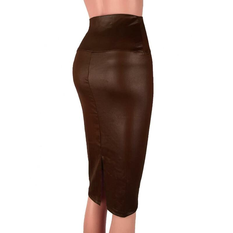 Falda de tubo de cintura alta para mujer, falda de cuero de imitación dividida hasta la rodilla, Bodycon Sexy, ropa femenina