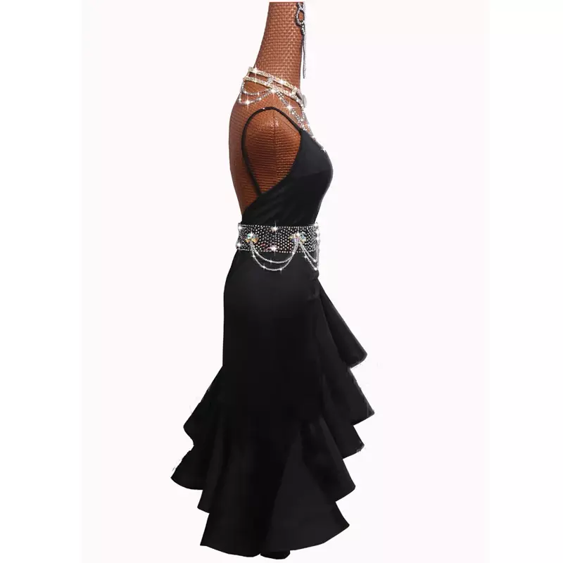 ชุดนักเต้นสำหรับผู้หญิงชุดชุดเดรสเต้นรำละตินประดับพลอยสีดำชุดเล่นฟิตเนสซัลซ่ามีพู่ห้อย