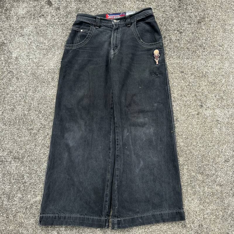 Haft czaszki JNCO spodnie dżinsowe Vintage wydruk graficzny workowate dżinsy spodnie z wysokim stanem dla mężczyzn szerokie z szeroką nogawką Y2k Streetwear