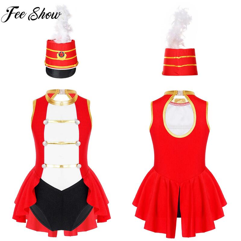 Disfraz de la guardia de honor para niñas, conjunto de leotardo con sombrero de plumas para Circo, Halloween, Cosplay, actuación