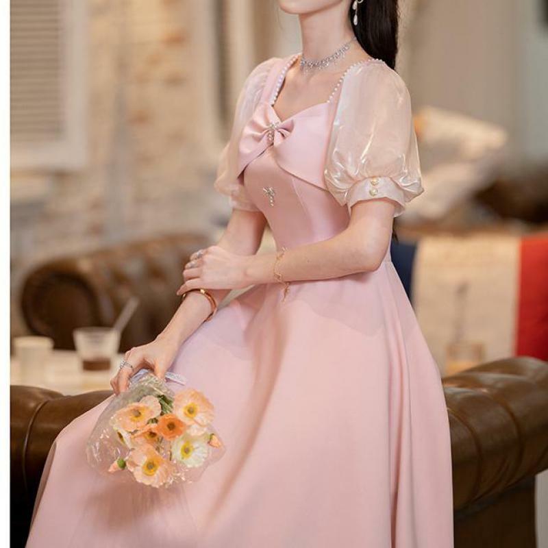 Женское приталенное платье с буфами на рукавах, ТРАПЕЦИЕВИДНОЕ вечернее платье принцессы с украшением из жемчуга, платье для выпускного вечера