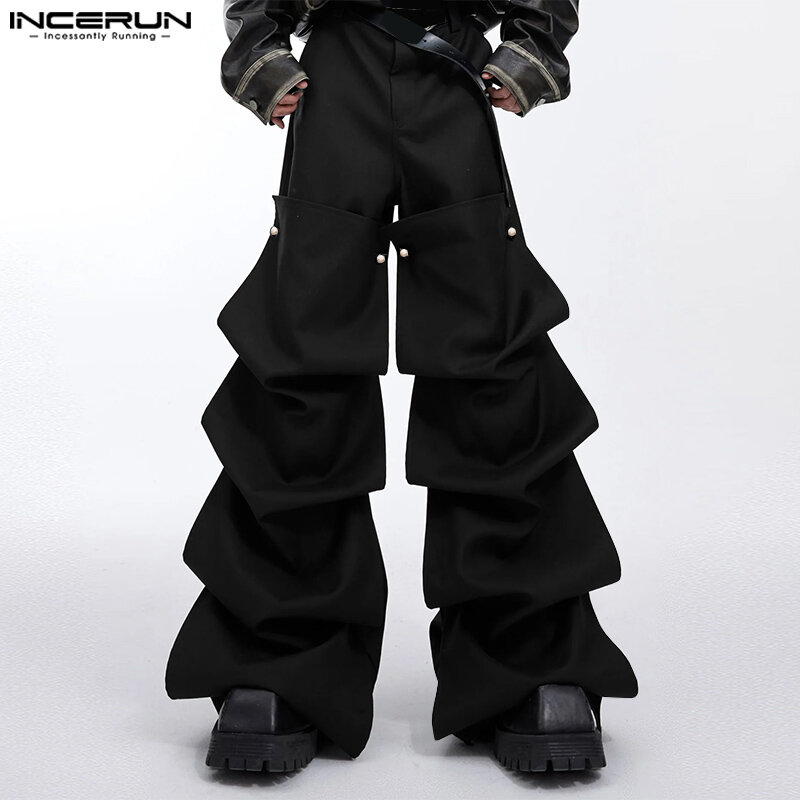 INCERUN-Pantalones largos de estilo coreano para hombre, ropa informal, diseño en capas, sólido, para fiesta, S-5XL, 2024