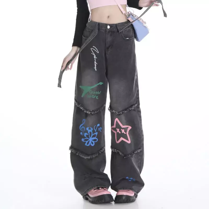 Pantalones rectos de cintura alta con patrón de estrellas para mujer, pantalones de pierna ancha, decoración de cinturón, Graffiti callejero lavado, empalme de borde crudo