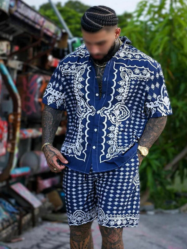 Мужская гавайская рубашка и шорты, комплект из 2 предметов, летняя пляжная повседневная спортивная рубашка с принтом и короткими рукавами, мужская одежда