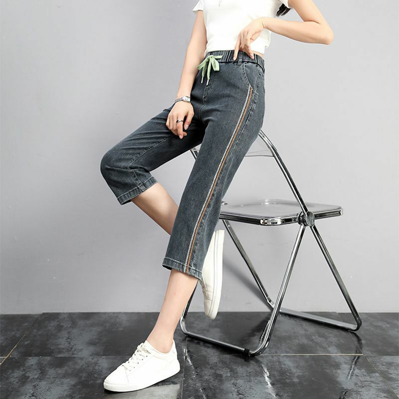 Streetwear celana jins Capris wanita, celana Denim kasual longgar pinggang tinggi elastis tipis Musim Panas 2024