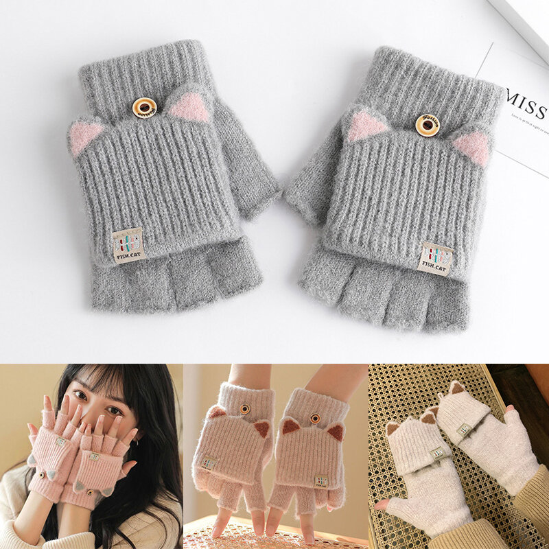 Zimowe ciepłe rękawiczki z dzianiny kobiety z klapką na pół rękawica silikonowa studenckie rękawice robocze z rękawiczkami i ucho kota prezenty świąteczne