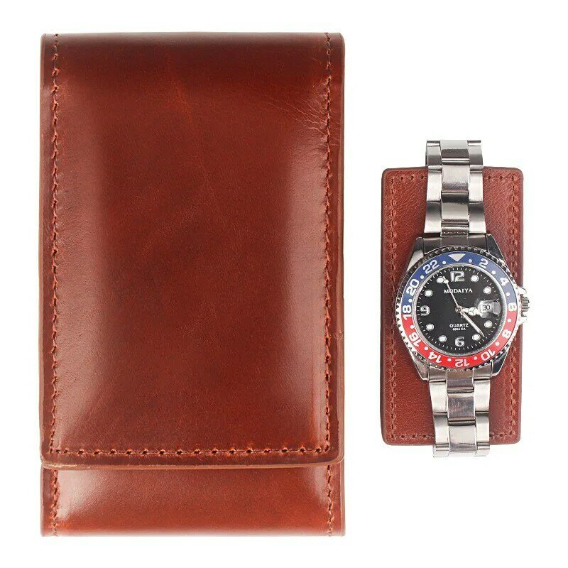 Caixa de relógio marrom de couro genuíno, Bolsa de luxo com zíper, Bolsa Organizadora Portátil Saco de armazenamento de relógio high-end