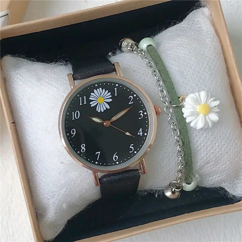 Harajuku Style Daisy Children's Watch Simple Quartz Leather Green Pink Watches for Girls with Bracelet Watch Box Gift Reloj