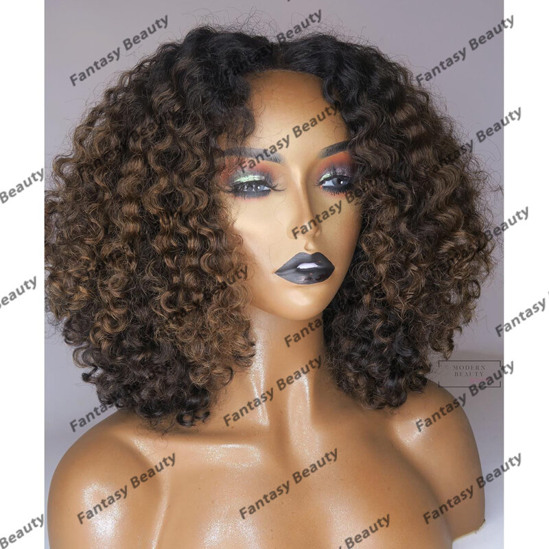 Bezklejowe Ombre ciemnobrązowe Afo perwersyjne kręcone 100% ludzkie włosy 13x6 koronkowe peruki z przodu dla czarnych kobiet pełne koronkowe peruki z dziecięcymi włosami