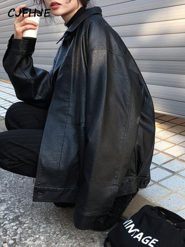 CJFHJE-Chaqueta de cuero negro para mujer, abrigo de Moto fino, holgado, coreano, ropa de calle, moda de otoño