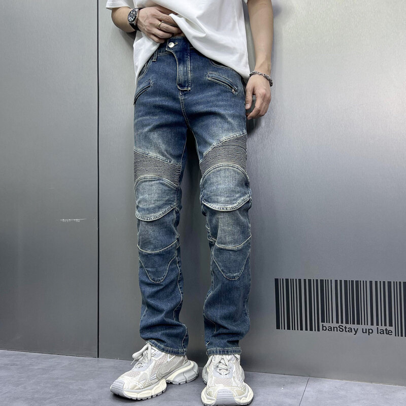 Blaue Retro-Biker jeans für men2024new Slim Straight Stretch Casual Patchwork Plissee Design lange Hosen