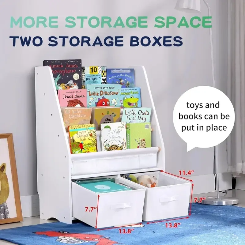 MallBest Childrens Bookshelf Kids Sling Book Rack with Two Storage Boxes and Toys Organizer