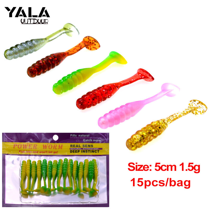 Señuelo de pesca de doble Color, cebo de gusano Artificial, cola en T, 5cm, 1,5g, 6 colores, 15 unids/lote por bolsa