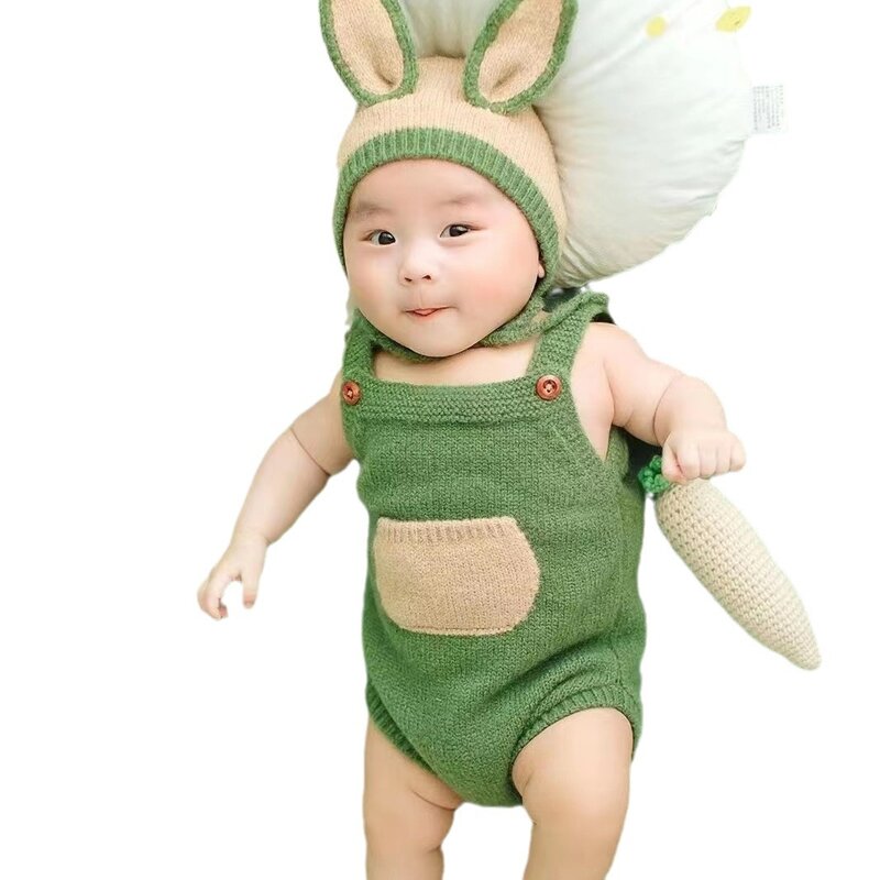 ملابس للتصوير الفوتوغرافي للأطفال حديثي الولادة ، تحت عنوان أذن الأرنب ، أرجل محبوكة خضراء ، طقم بنطلون وقبعة ، تصوير استوديو للرضع ، إكسسوارات الدعائم