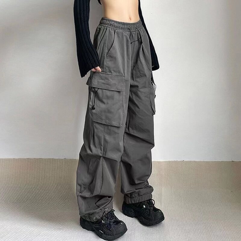 Pantalones Cargo Y2K para mujer, pantalón estilo coreano Harajuku Vintage, de paracaídas, cintura elástica, sólido, informal, de pierna ancha, para correr