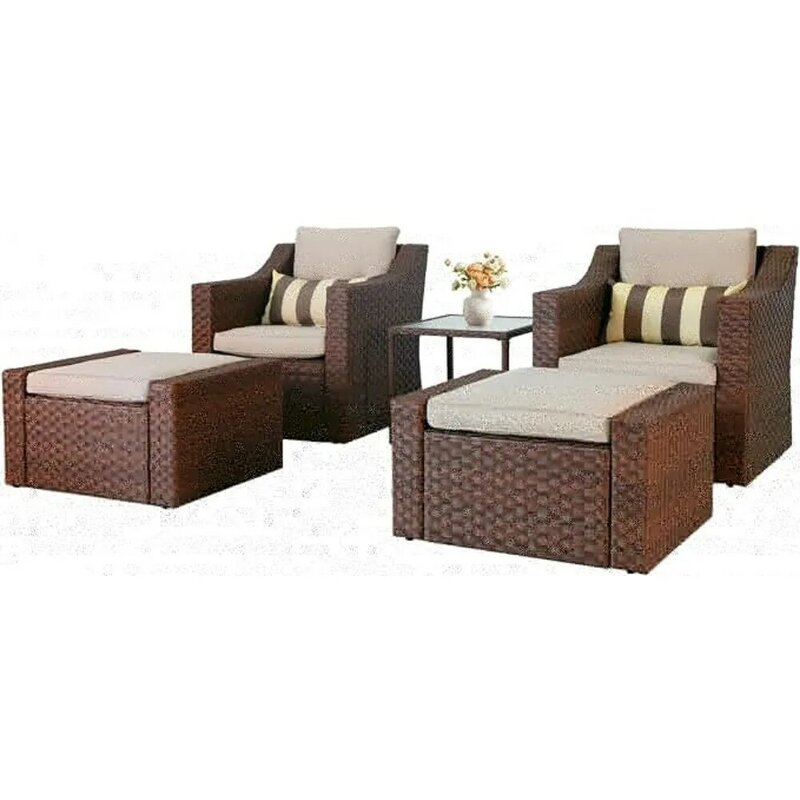 5 Piece Patio Conversation Set Outdoor Furniture Set, Brown Wicker Lounge Chair with Ottoman Footrest, W/Coffee Table & Cushions