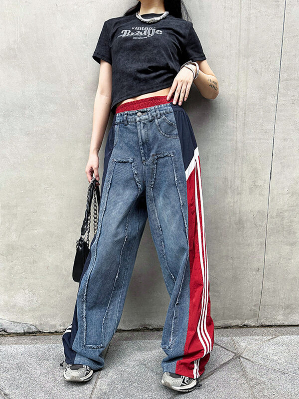 กางเกงขาม้าผ้ายีนส์เอวสูงของผู้หญิง2024สตรีทย้อนยุคกางเกงยีนส์ขาบานสีตัดกันยืดหยุ่นใหม่สำหรับฤดูร้อน