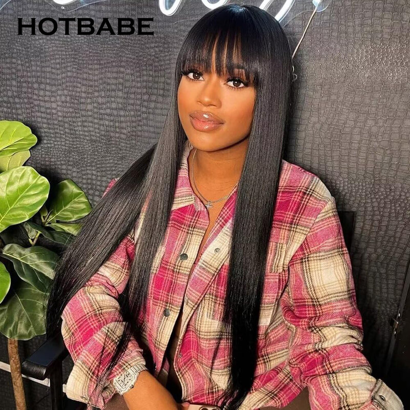 350 Density Glueless Wig Straight 13x6 HD Lace Front Wig With Bangs Preplucked 360 Full Lace Frontal Wig Human Hair HOTBABE