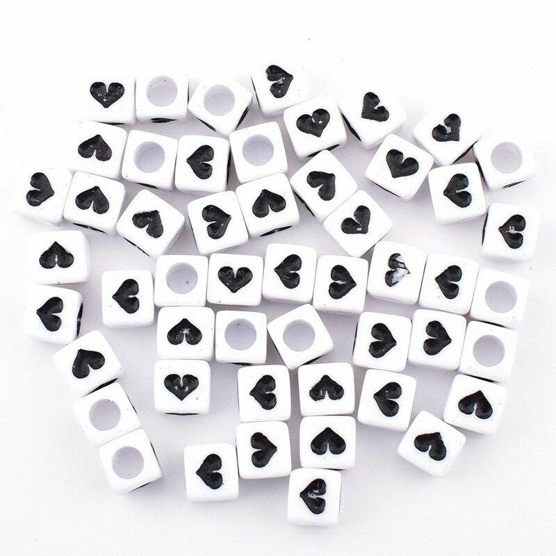 50 buah/lot 6*6*3mm DIY manik-manik huruf akrilik persegi putih latar belakang manik-manik cinta hitam untuk membuat perhiasan