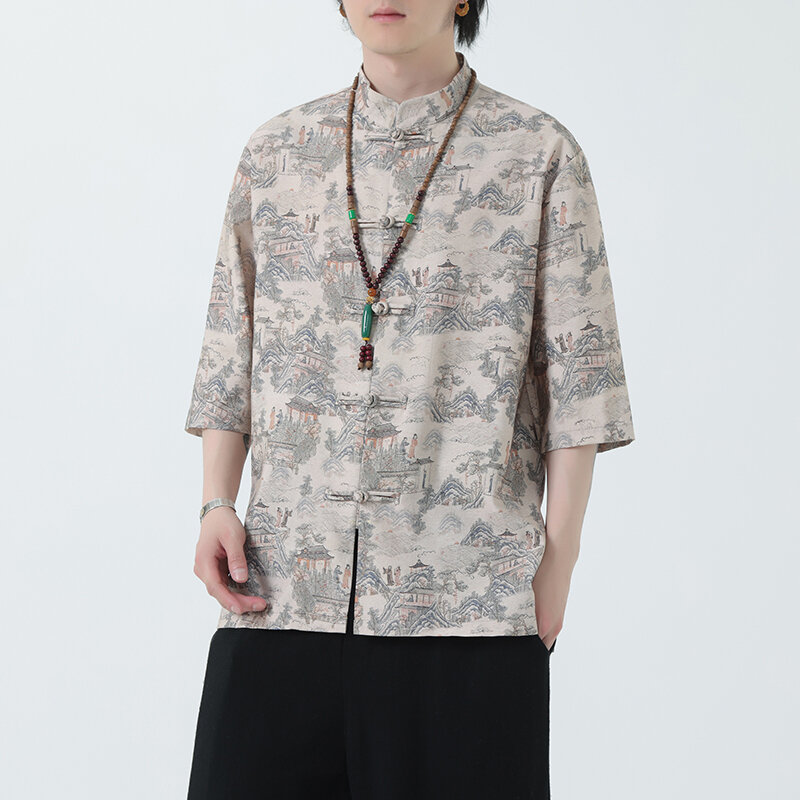 Camisa holgada de manga de cinco cuartos para hombre, traje Tang de estilo chino Vintage, Camisa estampada, traje de Arte de té y Kung Fu, verano 2024