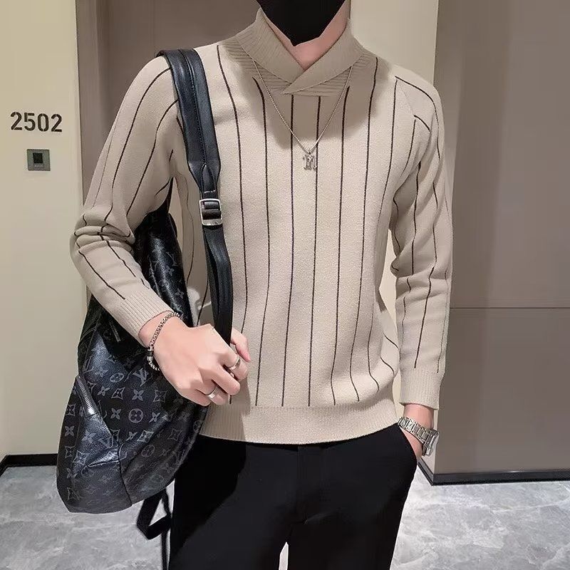 Moda meia gola alta listrado quente malha camisolas jumpers roupas masculinas 2022 inverno novo coreano casusl lã pullovers topo