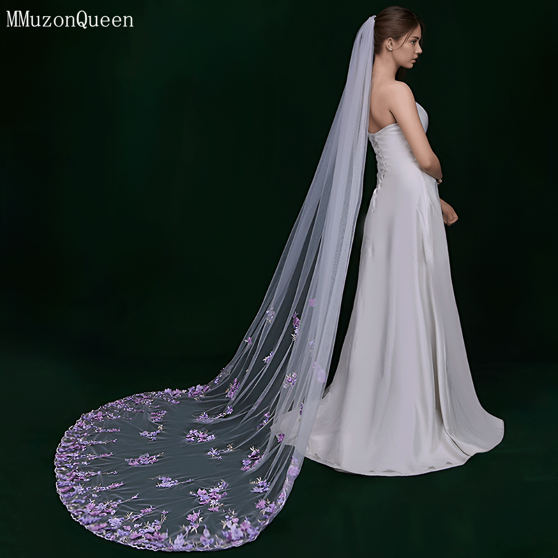 Свадебная фата с 3D цветами MMQ M109, белая мягкая Тюлевая Фата для невесты, фиолетовая аппликация и жемчуг с гребнем, аксессуары для невесты