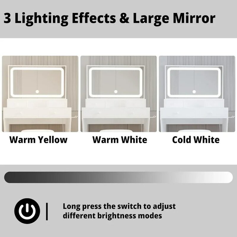 Waschtisch mit LED-beleuchtetem Spiegel & Steckdose & 4 Schubladen, Schmink tisch mit Aufbewahrung shocker und Haartrockner