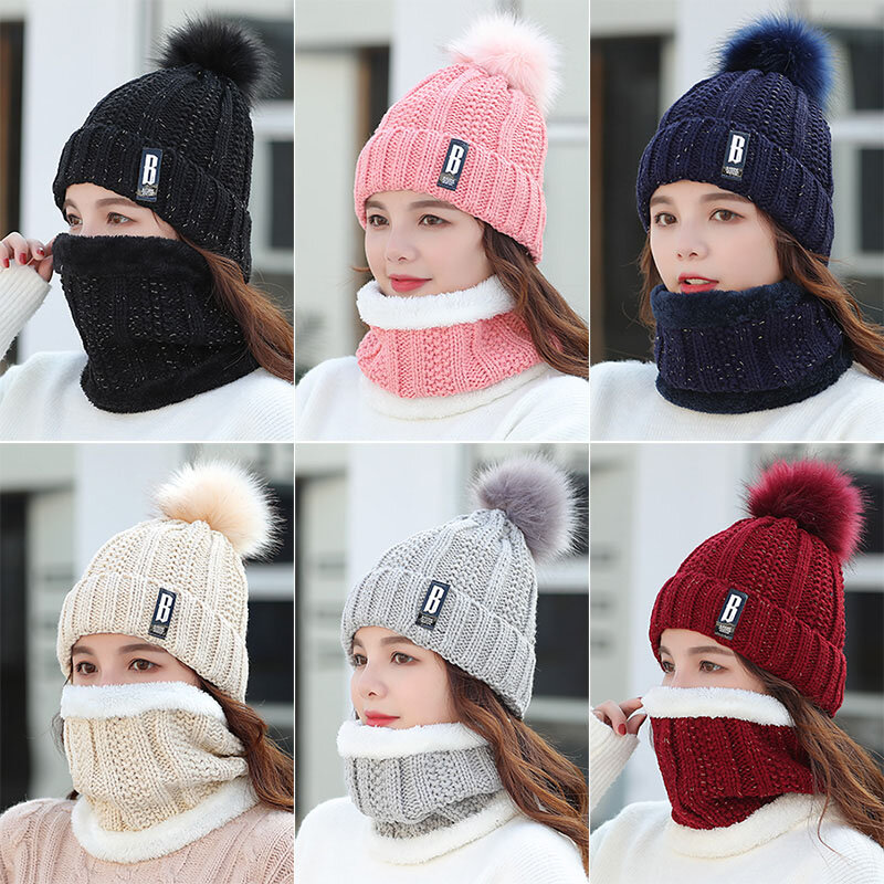 2-piece suit Winter Women Scarf Hat Set Solid Pompoms Knitted Caps And Scarves Keep Warm Accessories
