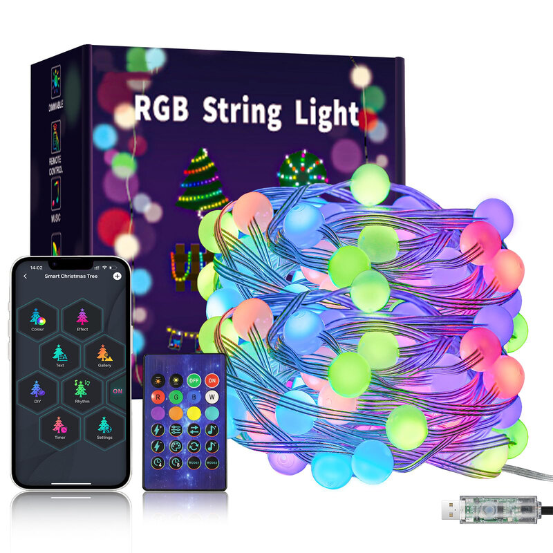 أضواء RGB LED خرافية سلسلة كروية ، أكاليل USB ، بلوتوث التحكم عن بعد ، عنونة ، في الهواء الطلق ، عيد الميلاد ، ديكور الغرفة