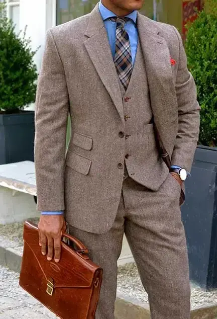 Terno de casamento marrom Tweed cáqui masculino, blazer casual, slim fit personalizado, smoking magro, traje de alta qualidade, smoking 3 peças