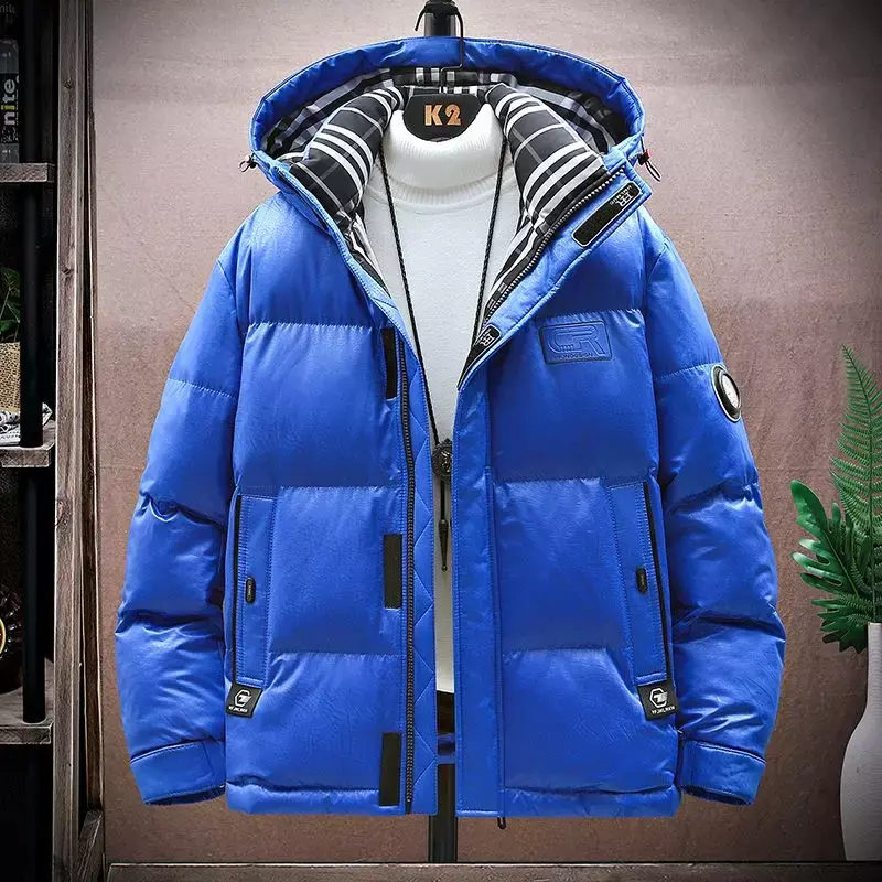 Mantel panjang bertudung untuk pria, pakaian luar bertudung katun tahan dingin hangat tebal ukuran besar kasual longgar modis musim dingin untuk pria