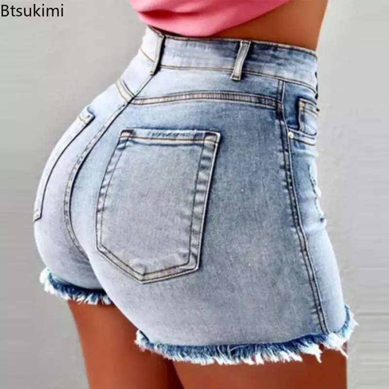 Женские джинсовые шорты размера плюс 4XL 5XL, летние женские джинсовые шорты с высокой талией, потертые рваные повседневные шорты с бахромой и карманами