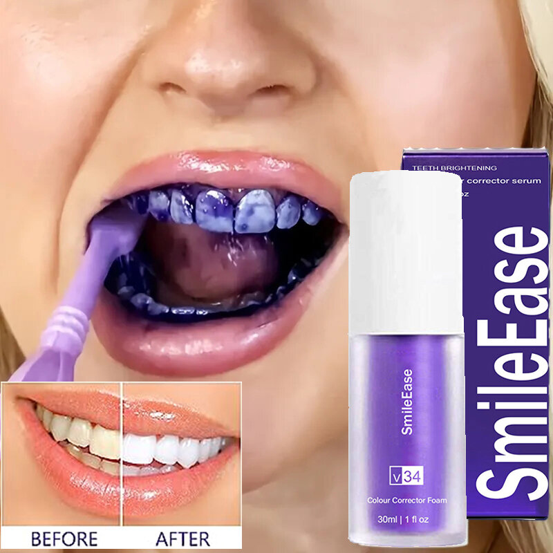 Dentifrice violet pour les dents, V34, éclaircissant, SAP jaunissant, soin des dents, 30ml