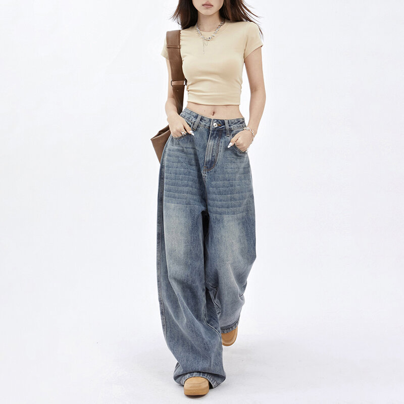 กางเกงยีนส์เอวสูงของผู้หญิงแนววินเทจทรงหลวมใส่ได้หลายโอกาสสไตล์อเมริกันกางเกงขาม้า