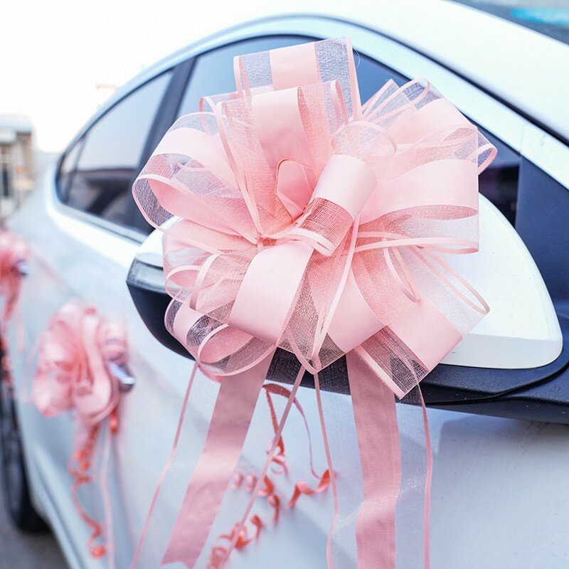 Biała ślubna wstążka samochodowa kokardy do pociągnięcia węzeł opakowanie na prezent wystrój samochodu ślubne materiały urodzinowe krzesła dekoracje dla domu DIY