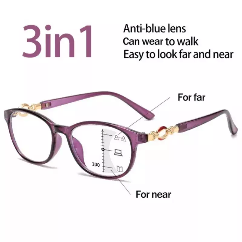 Kacamata baca มัลติโฟกัสแบบโปรเกรสซีฟ3อิน1สำหรับผู้หญิงแว่นตากันสีฟ้าดูง่ายใกล้ๆและไกล + 1.0ถึง + 4.0