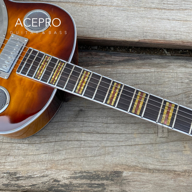 Gitar listrik baja Resonator Sunburst antik, lapisan dasar kuning tua, bagian atas dan belakang Maple berlapis, gitar kualitas tinggi