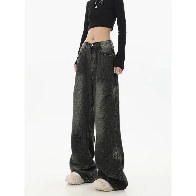 Deeptown Y2k Jeans neri Vintage donna Streetwear pantaloni larghi in Denim gamba larga Harajuku pantaloni coreani Goth primavera 2024 americano
