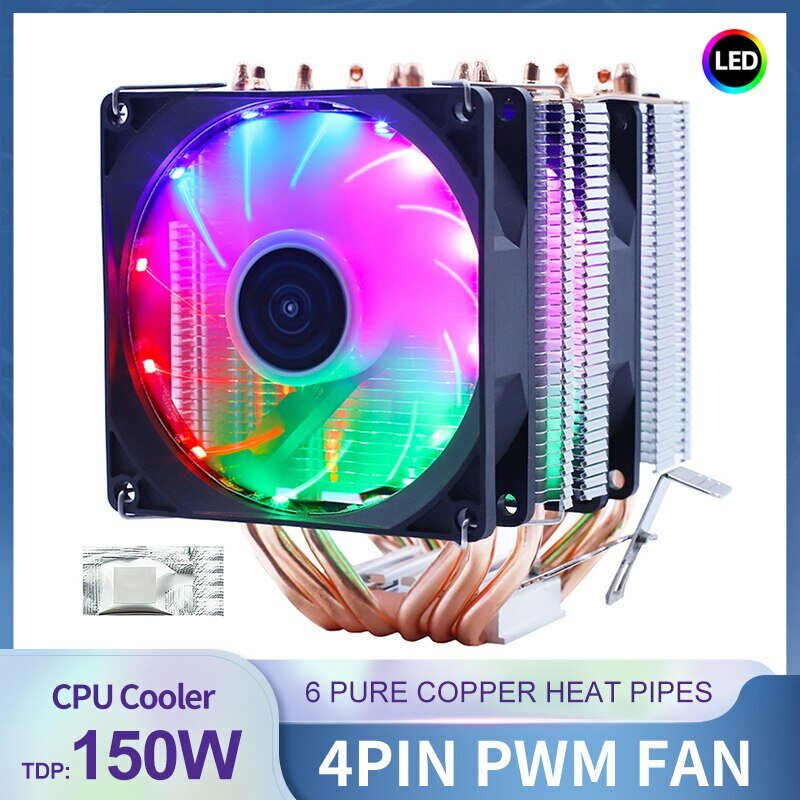 Radiador do refrigerador do processador RGB com 6 Heatpipes, PWM silencioso, 4PIN, 150W, ajuste para Intel LGA 1150, 1151, 1155, 1200, 1366, 2011, X79, X99, AM3, AM4