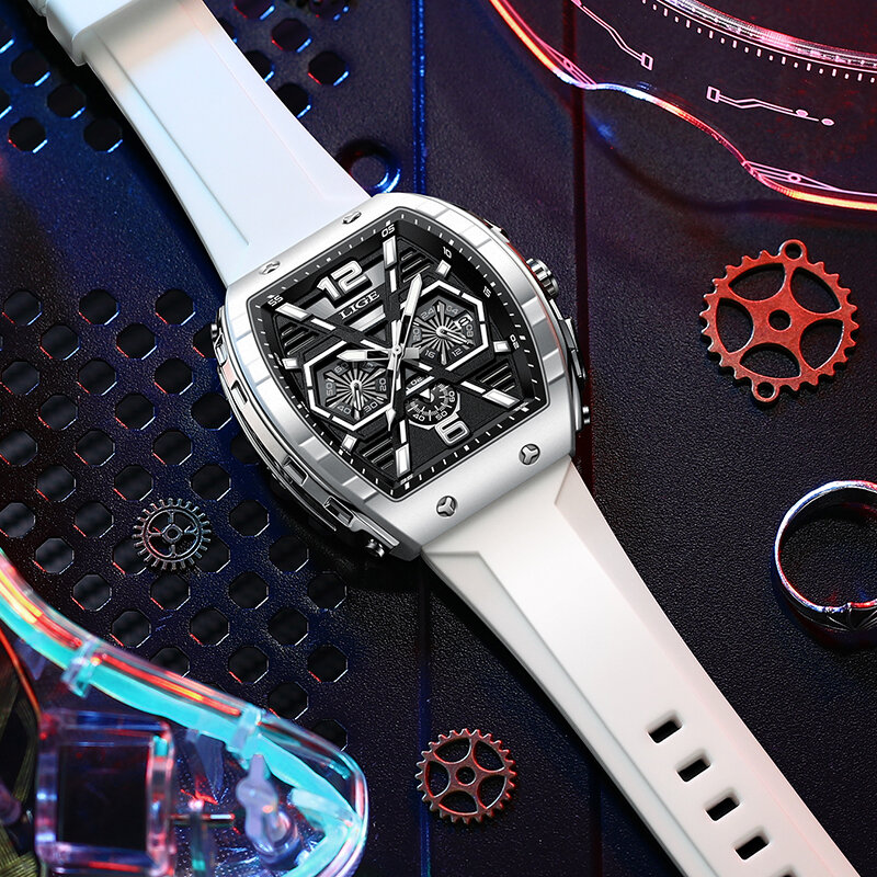 LIGE Men's Watches Date Luminous Original Quartz Watch for Man Waterproof Luminous Silicone  Strap  Rectangular Wristwatch Male
