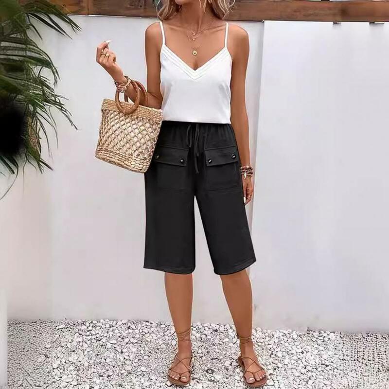 Solid Color Drawstring Shorts Stylish Knee Length Women's Shorts with Drawstring Elastic Waist Buttoned Front Pockets for Casual