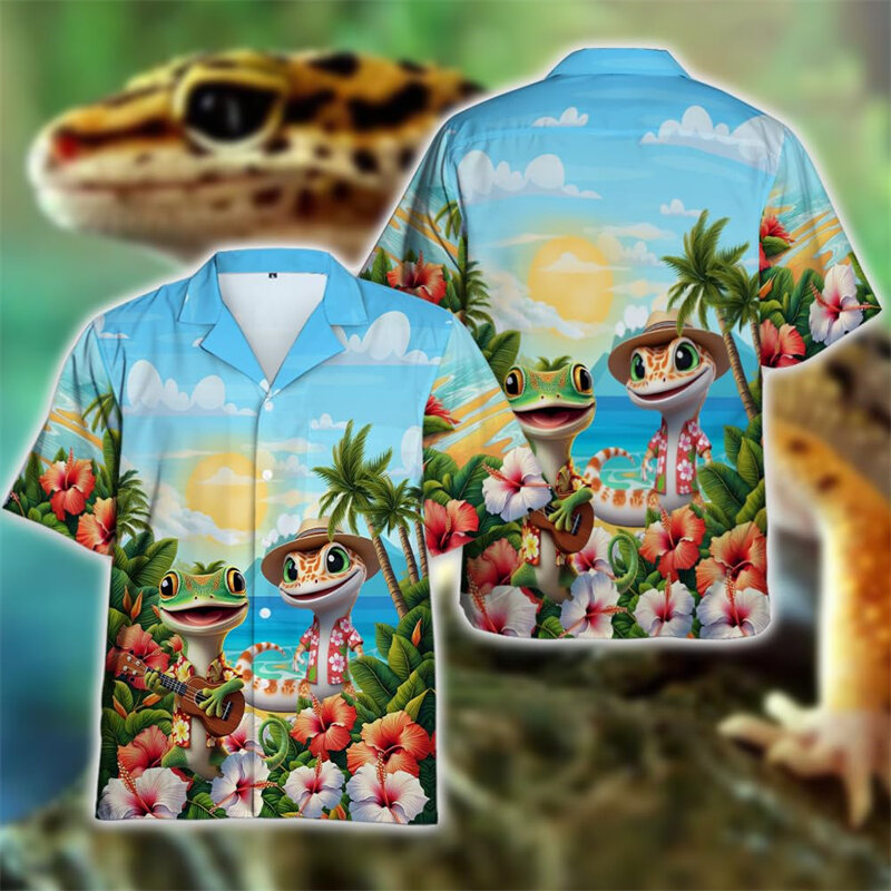 Camisa de praia havaiana bonito dos homens Gecko, Blusa engraçada de lapela animal lagarto, Roupas havaianas, Cabrite Hip Hop Masculino Streetwear Blusas