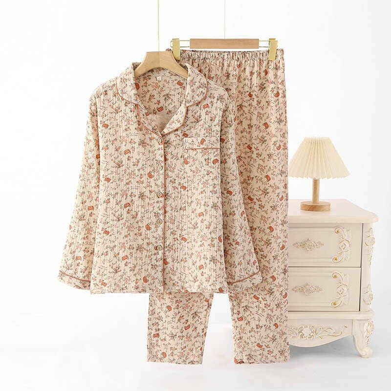 Women 2PCS  Pajamas Autumn New Floral Print Pijama Pure Cotton Long Sleeves Trousers Pajama Sets Female Loungewear Sleepwear