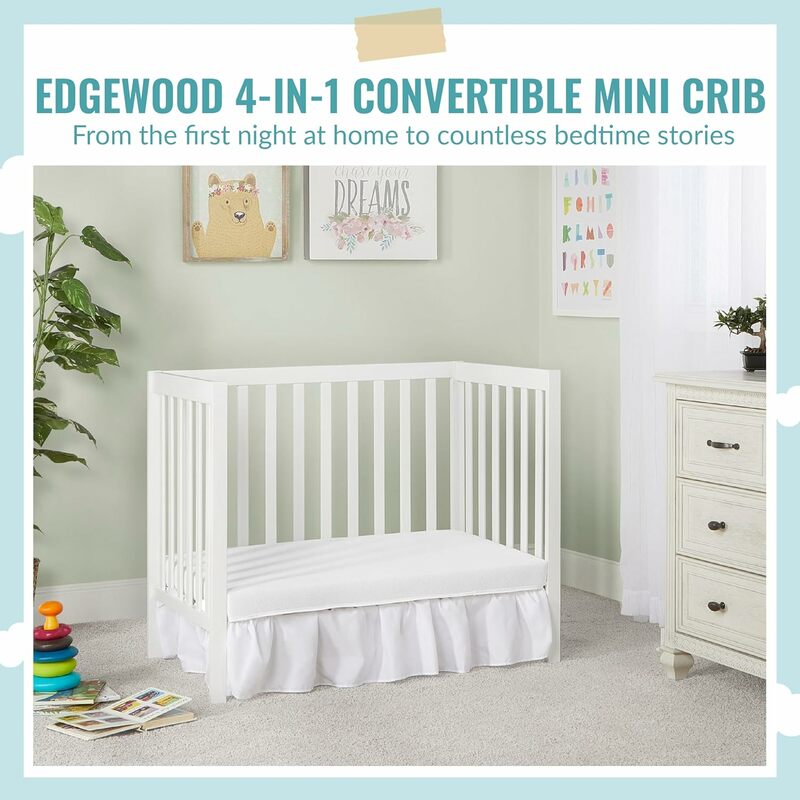 Dream On Me Edgewood 4-In-1 Convertible Mini Crib In White, JPMA Certified, Non-Toxic Finish, New Zealand Pinewood,