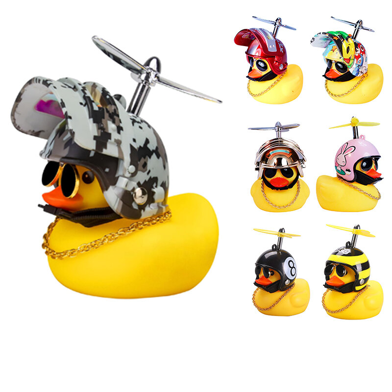 Adornos de pato de goma para coche, decoraciones para salpicadero de coche con casco de hélice, pato amarillo